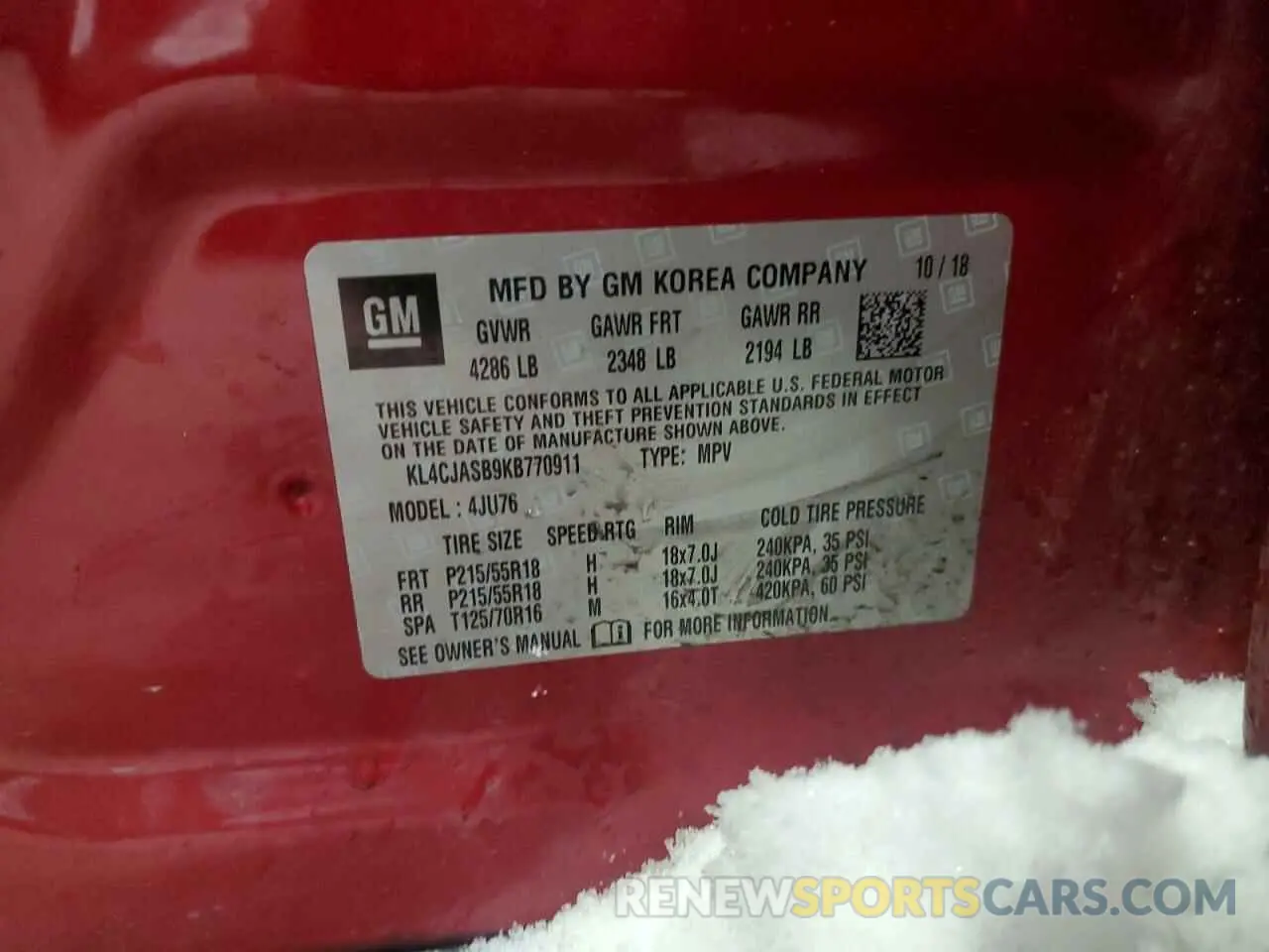 15 fotografías del automóvil dañado KL4CJASB9KB770911 BUICK ENCORE 2019