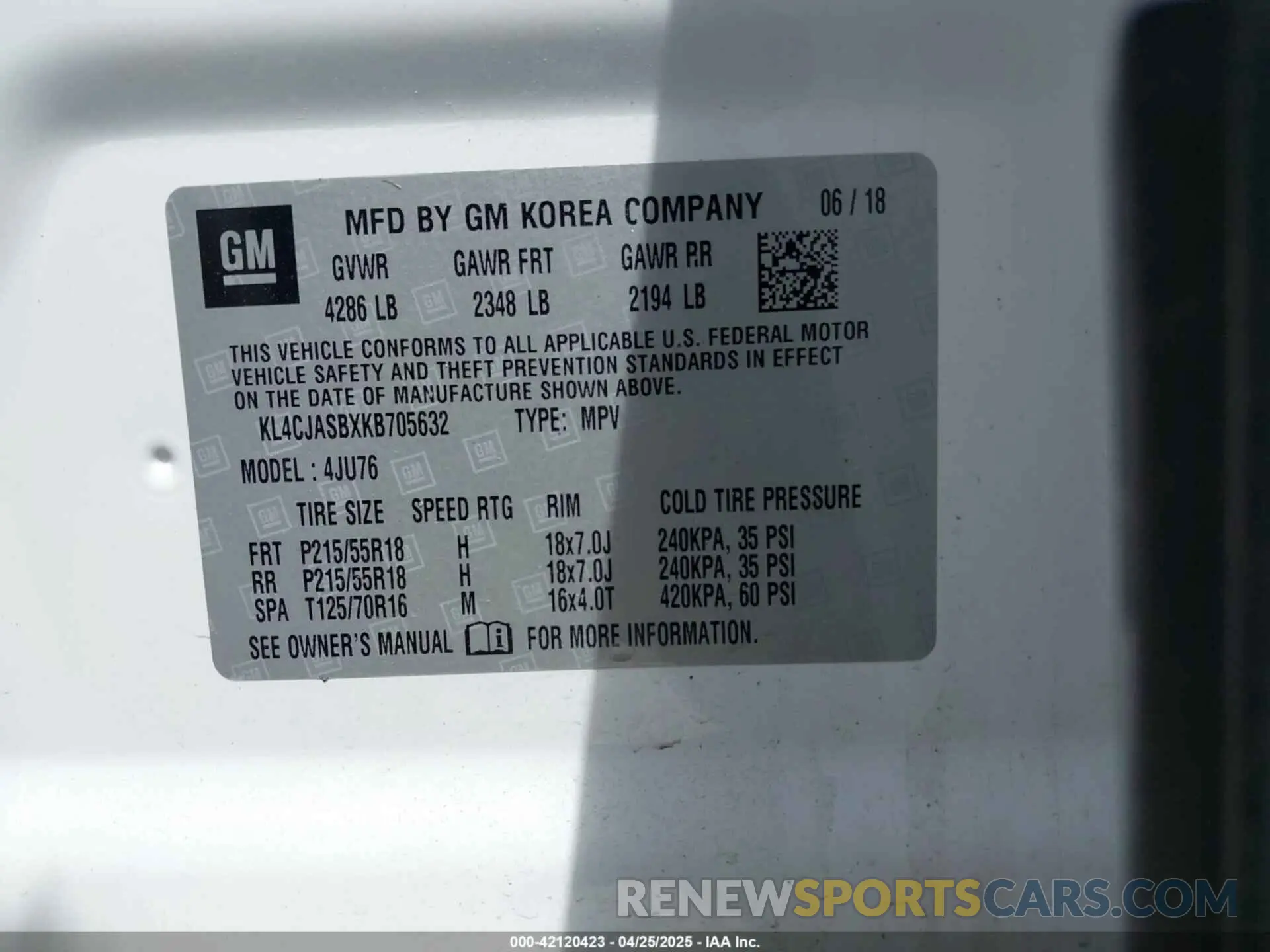 9 fotografías del automóvil dañado KL4CJASBXKB705632 BUICK ENCORE 2019