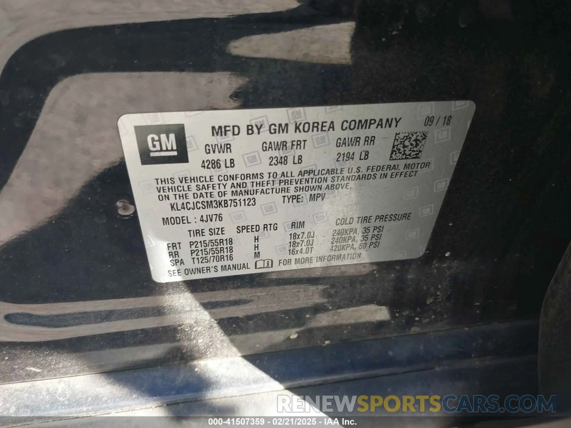 9 fotografías del automóvil dañado KL4CJCSM3KB751123 BUICK ENCORE 2019