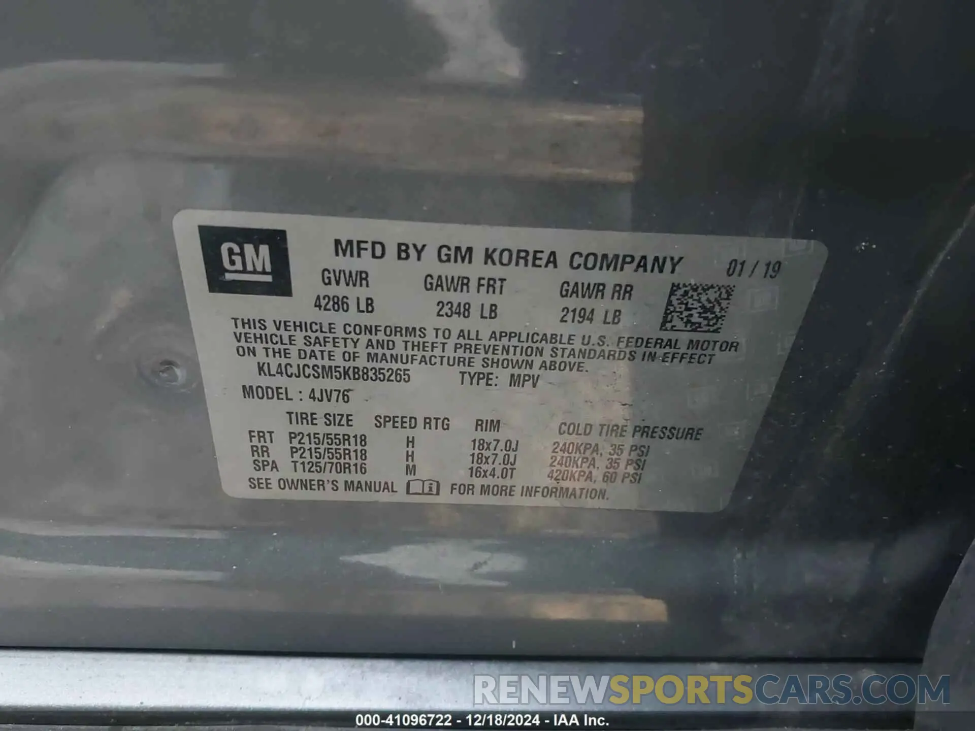 9 fotografías del automóvil dañado KL4CJCSM5KB835265 BUICK ENCORE 2019
