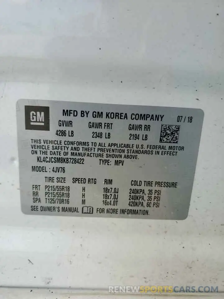 14 fotografías del automóvil dañado KL4CJCSM8KB728422 BUICK ENCORE 2019