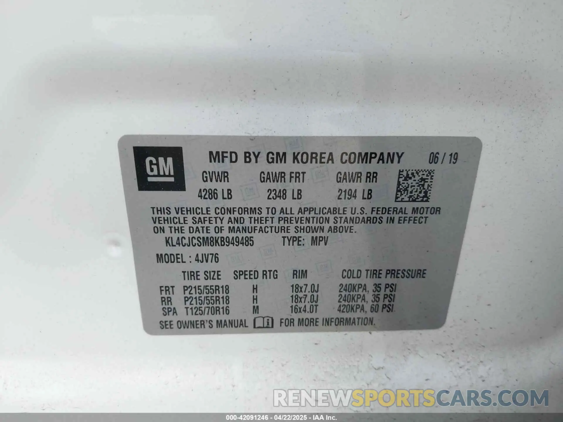 9 fotografías del automóvil dañado KL4CJCSM8KB949485 BUICK ENCORE 2019