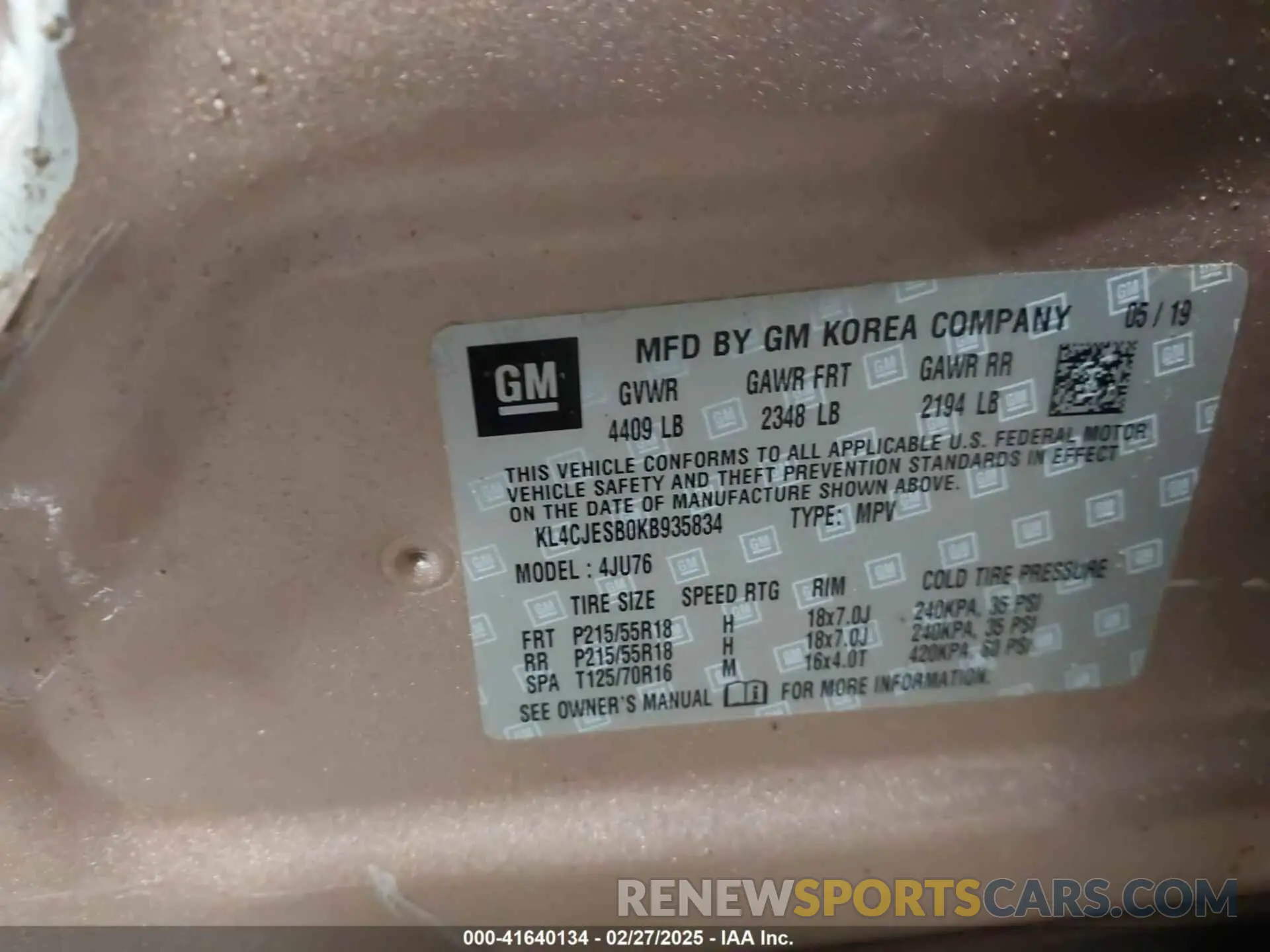 9 fotografías del automóvil dañado KL4CJESB0KB935834 BUICK ENCORE 2019