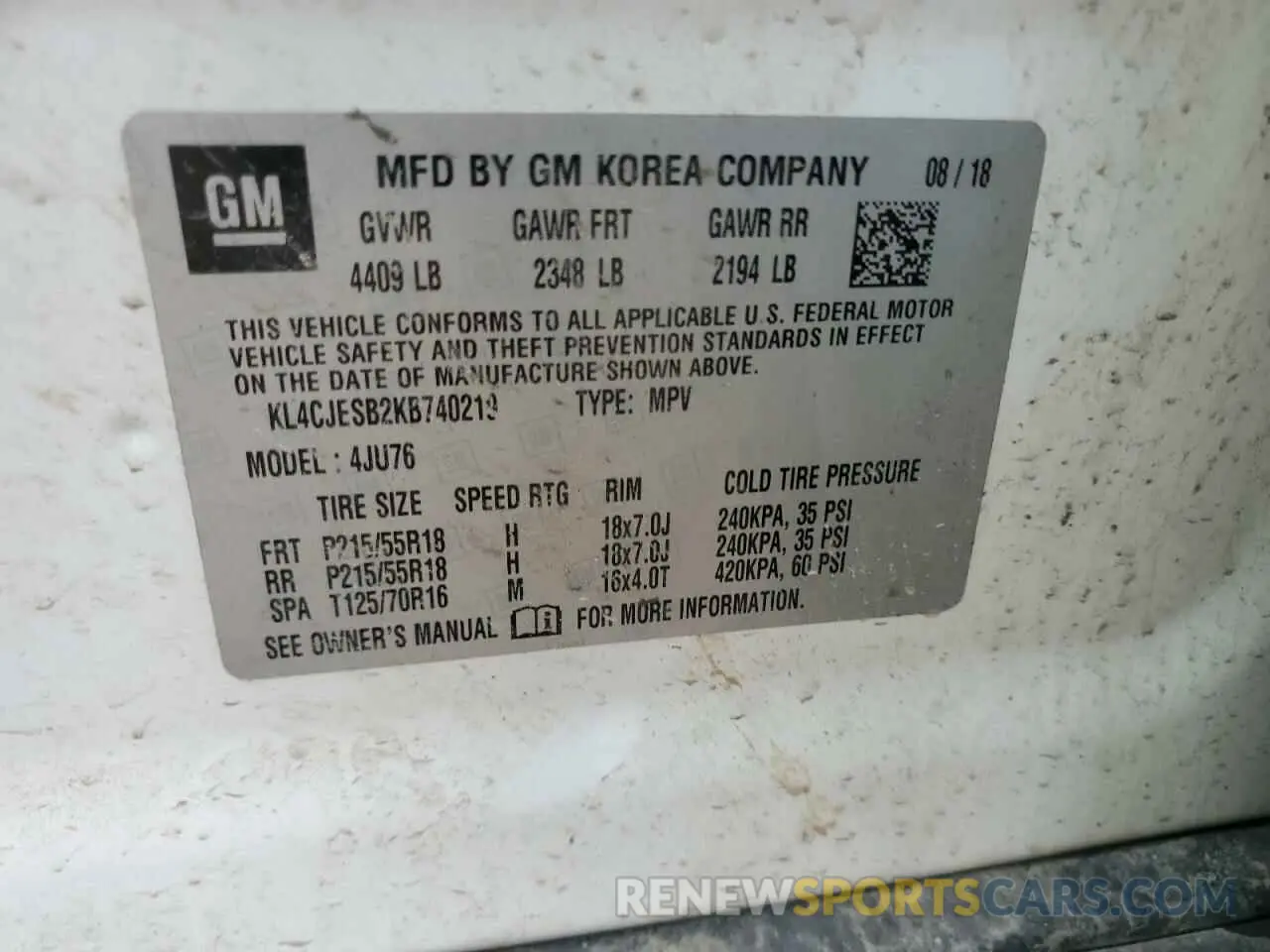 14 fotografías del automóvil dañado KL4CJESB2KB740219 BUICK ENCORE 2019