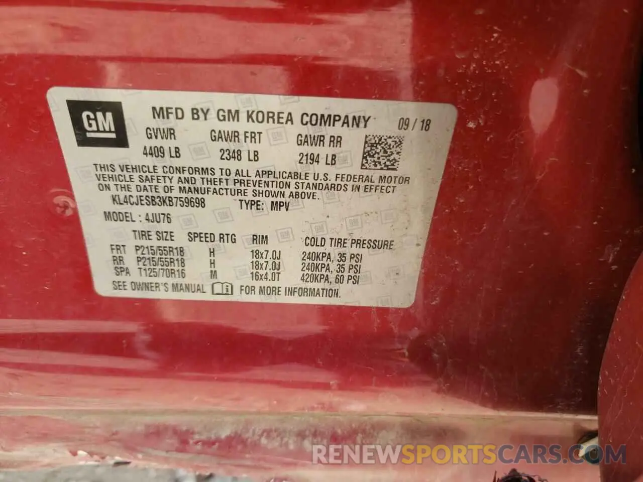 14 fotografías del automóvil dañado KL4CJESB3KB759698 BUICK ENCORE 2019