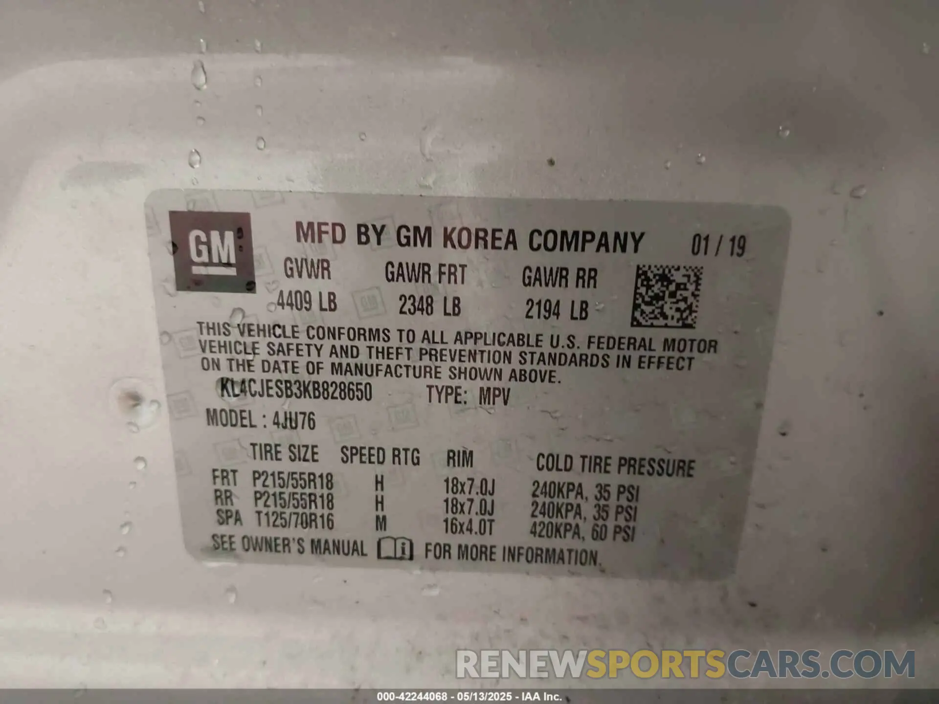 9 fotografías del automóvil dañado KL4CJESB3KB828650 BUICK ENCORE 2019