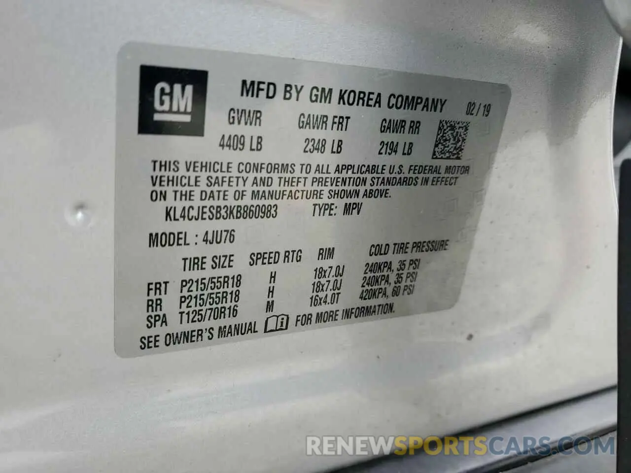 13 fotografías del automóvil dañado KL4CJESB3KB860983 BUICK ENCORE 2019