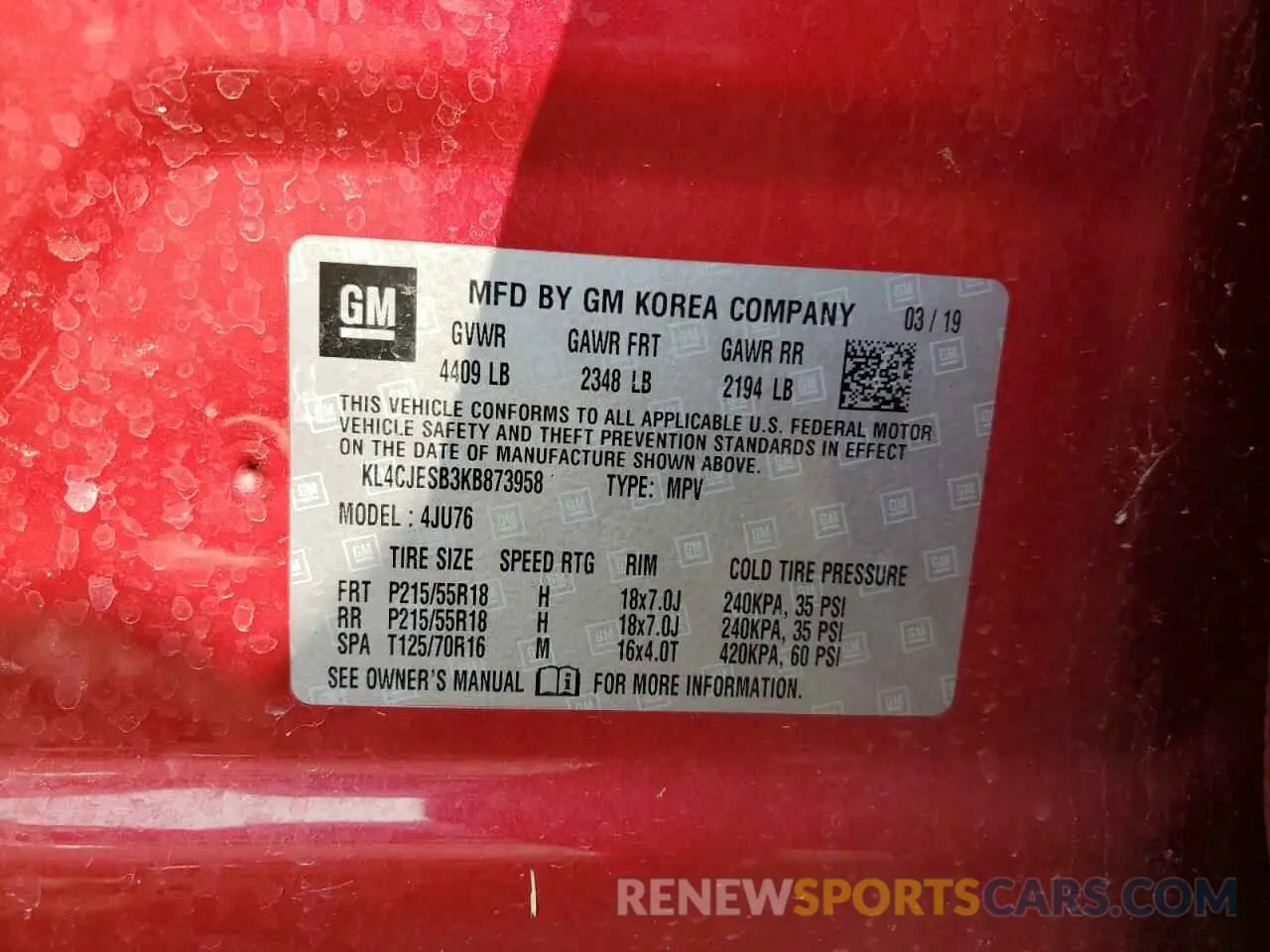13 fotografías del automóvil dañado KL4CJESB3KB873958 BUICK ENCORE 2019