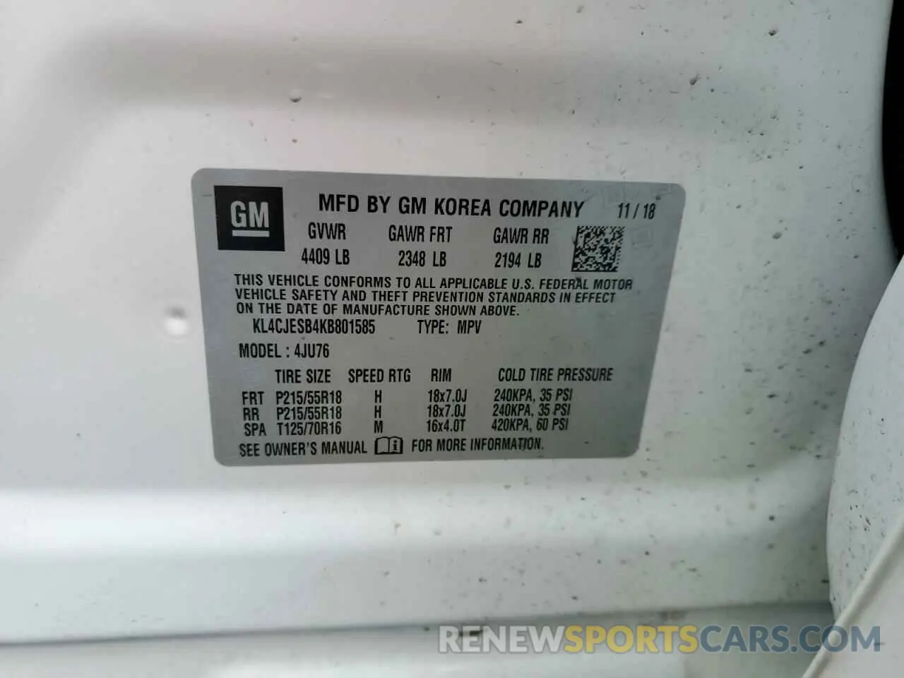 13 fotografías del automóvil dañado KL4CJESB4KB801585 BUICK ENCORE 2019