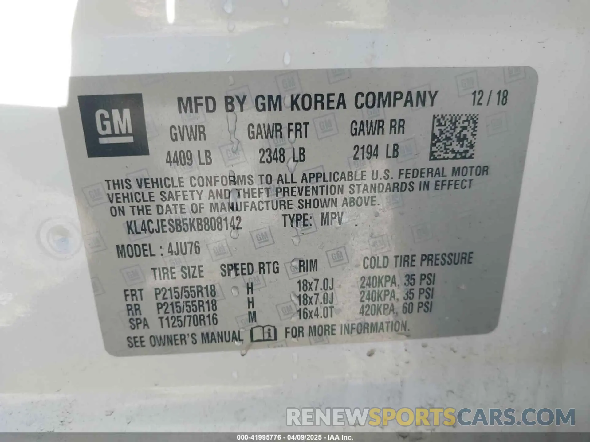 9 fotografías del automóvil dañado KL4CJESB5KB808142 BUICK ENCORE 2019