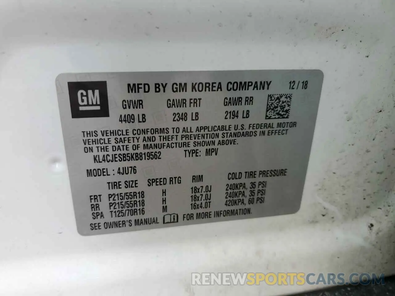 15 fotografías del automóvil dañado KL4CJESB5KB819562 BUICK ENCORE 2019