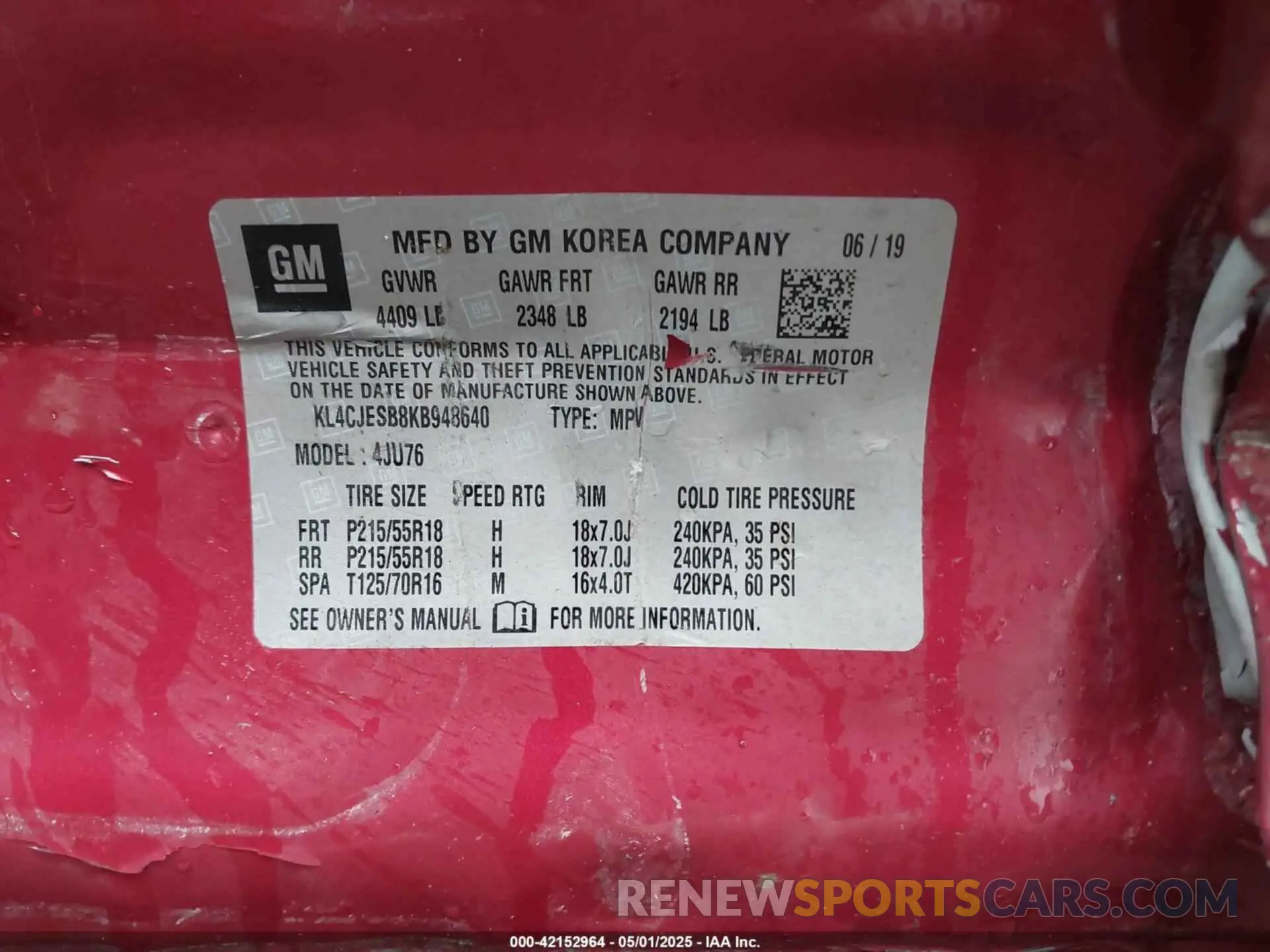 9 fotografías del automóvil dañado KL4CJESB8KB948640 BUICK ENCORE 2019
