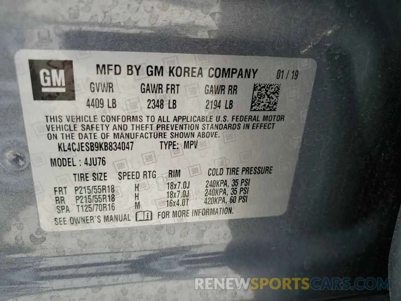 13 fotografías del automóvil dañado KL4CJESB9KB834047 BUICK ENCORE 2019