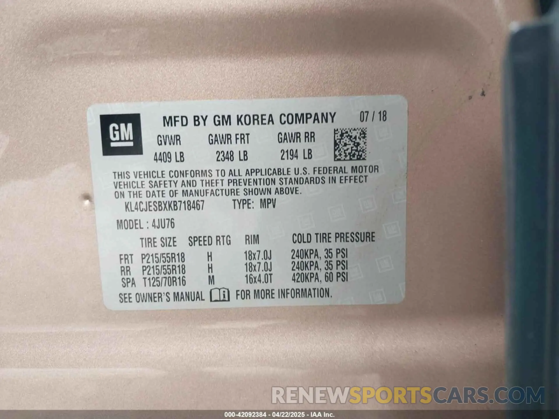 9 fotografías del automóvil dañado KL4CJESBXKB718467 BUICK ENCORE 2019