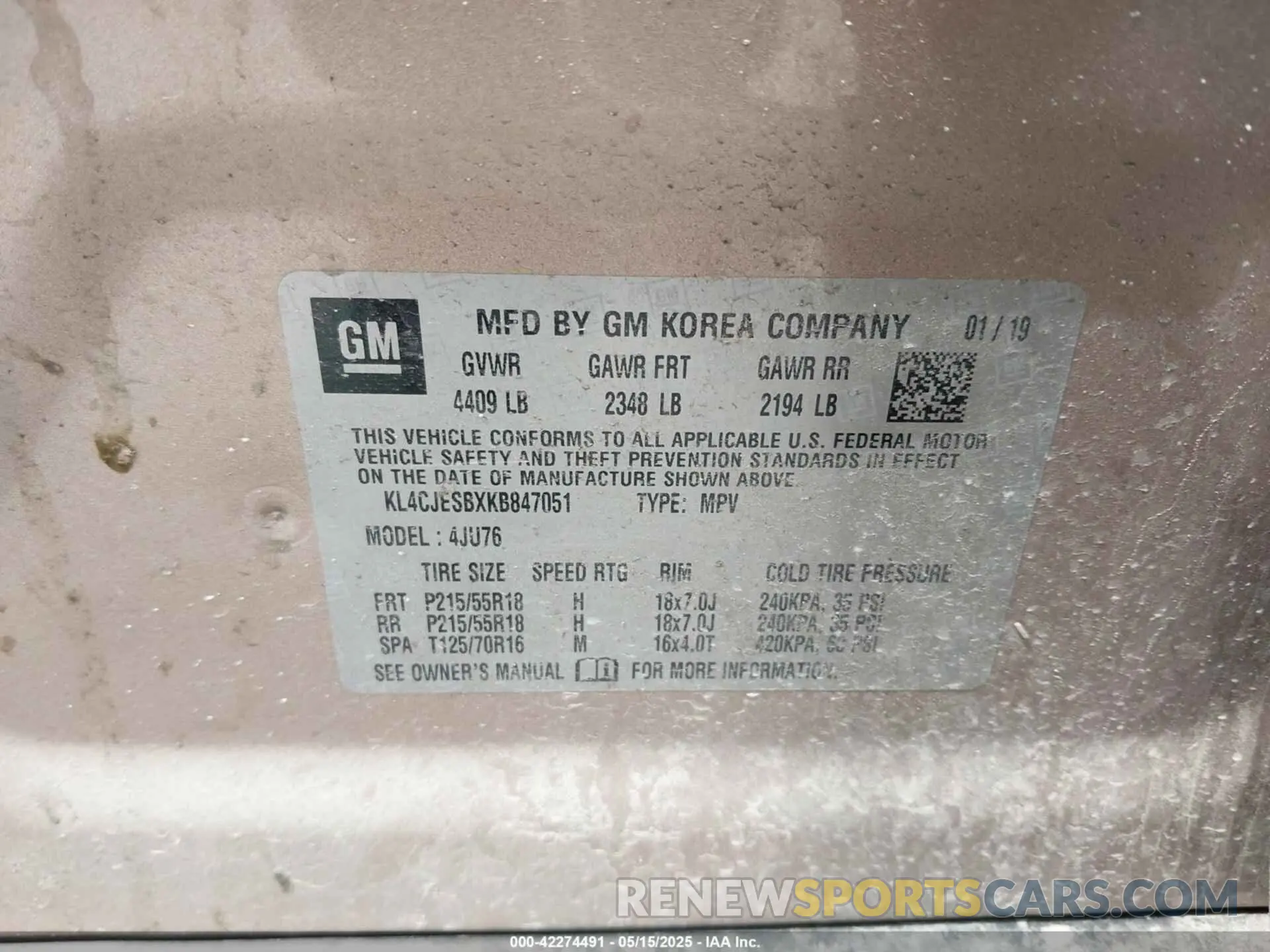 9 fotografías del automóvil dañado KL4CJESBXKB847051 BUICK ENCORE 2019