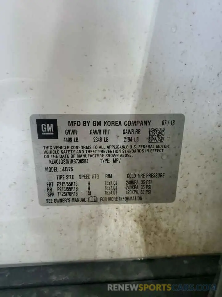 13 fotografías del automóvil dañado KL4CJGSM1KB730584 BUICK ENCORE 2019