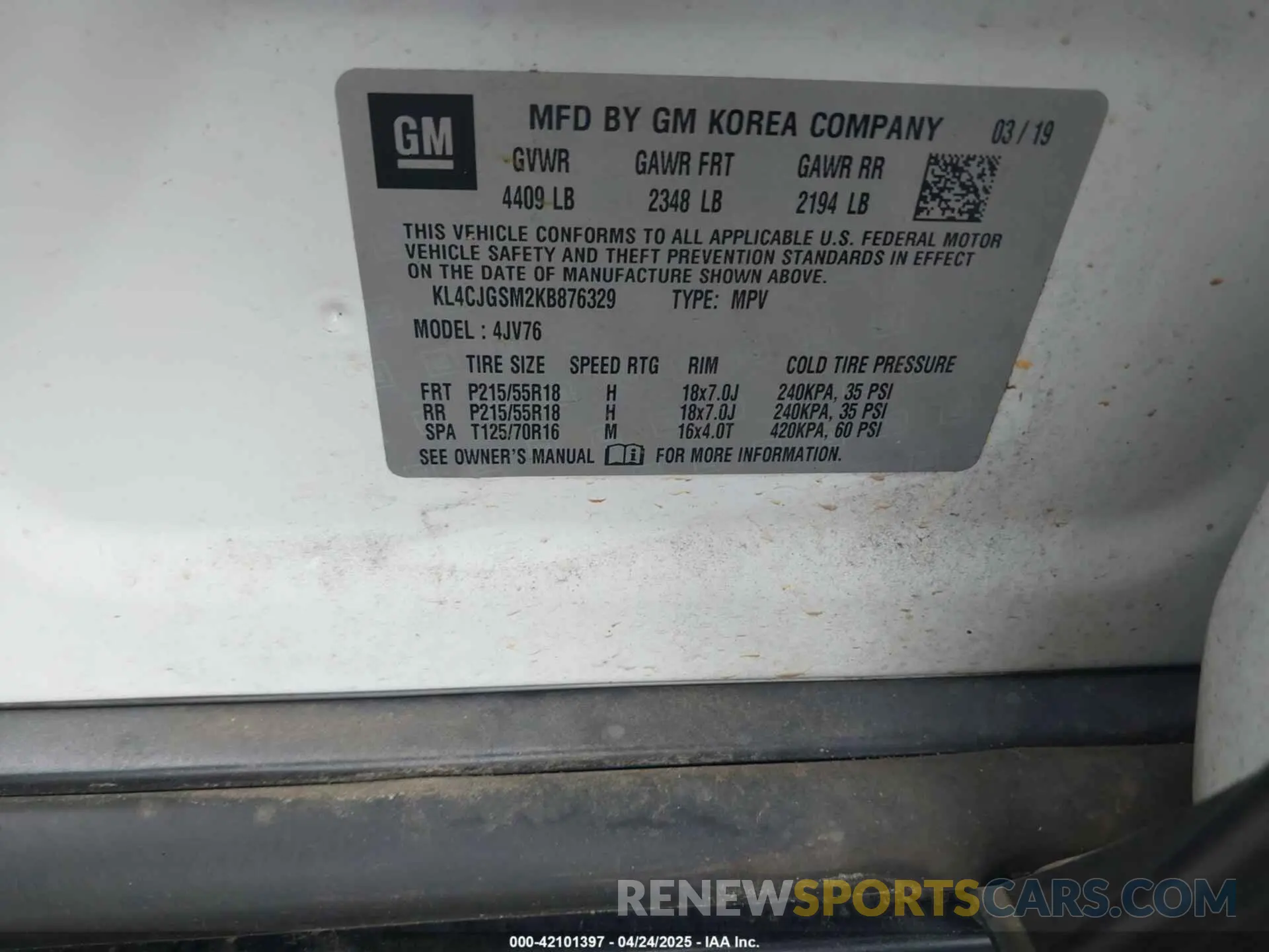 9 fotografías del automóvil dañado KL4CJGSM2KB876329 BUICK ENCORE 2019