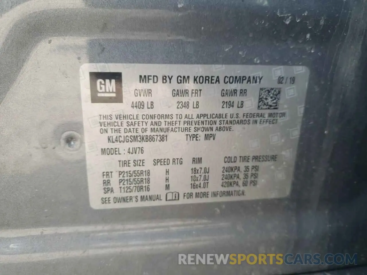 13 fotografías del automóvil dañado KL4CJGSM3KB867381 BUICK ENCORE 2019