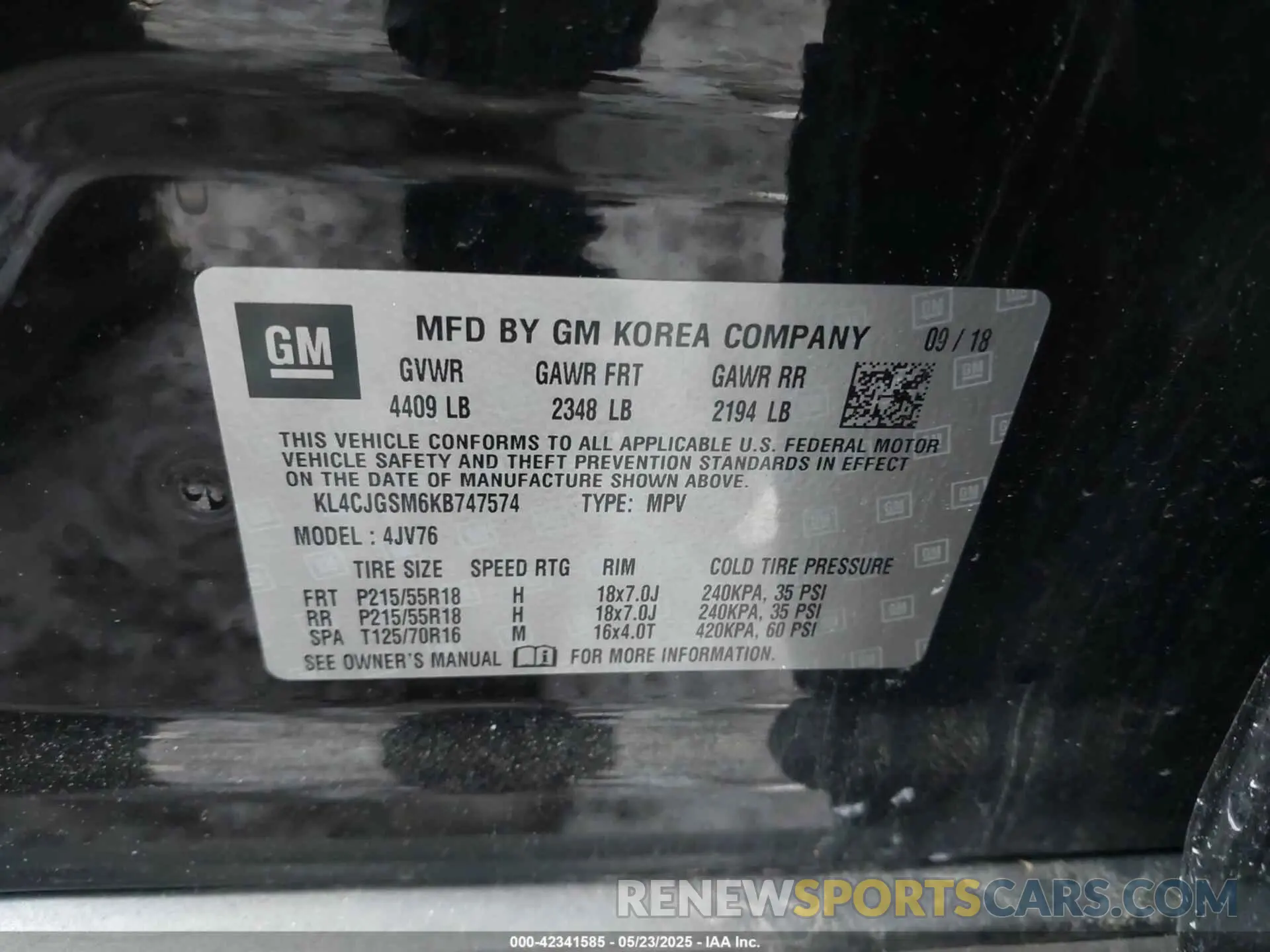 9 fotografías del automóvil dañado KL4CJGSM6KB747574 BUICK ENCORE 2019
