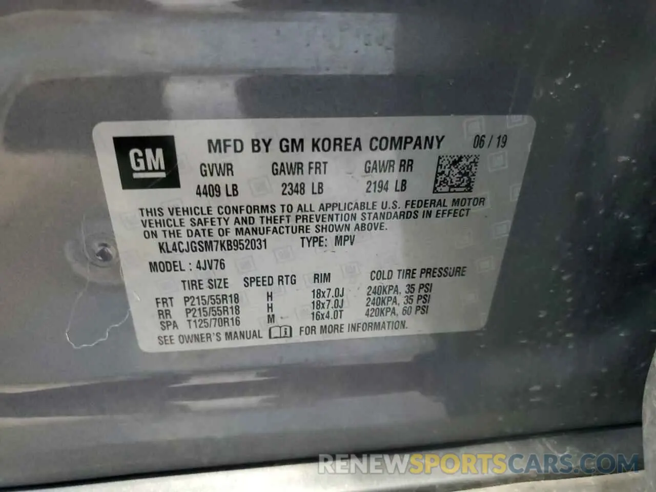 14 fotografías del automóvil dañado KL4CJGSM7KB952031 BUICK ENCORE 2019