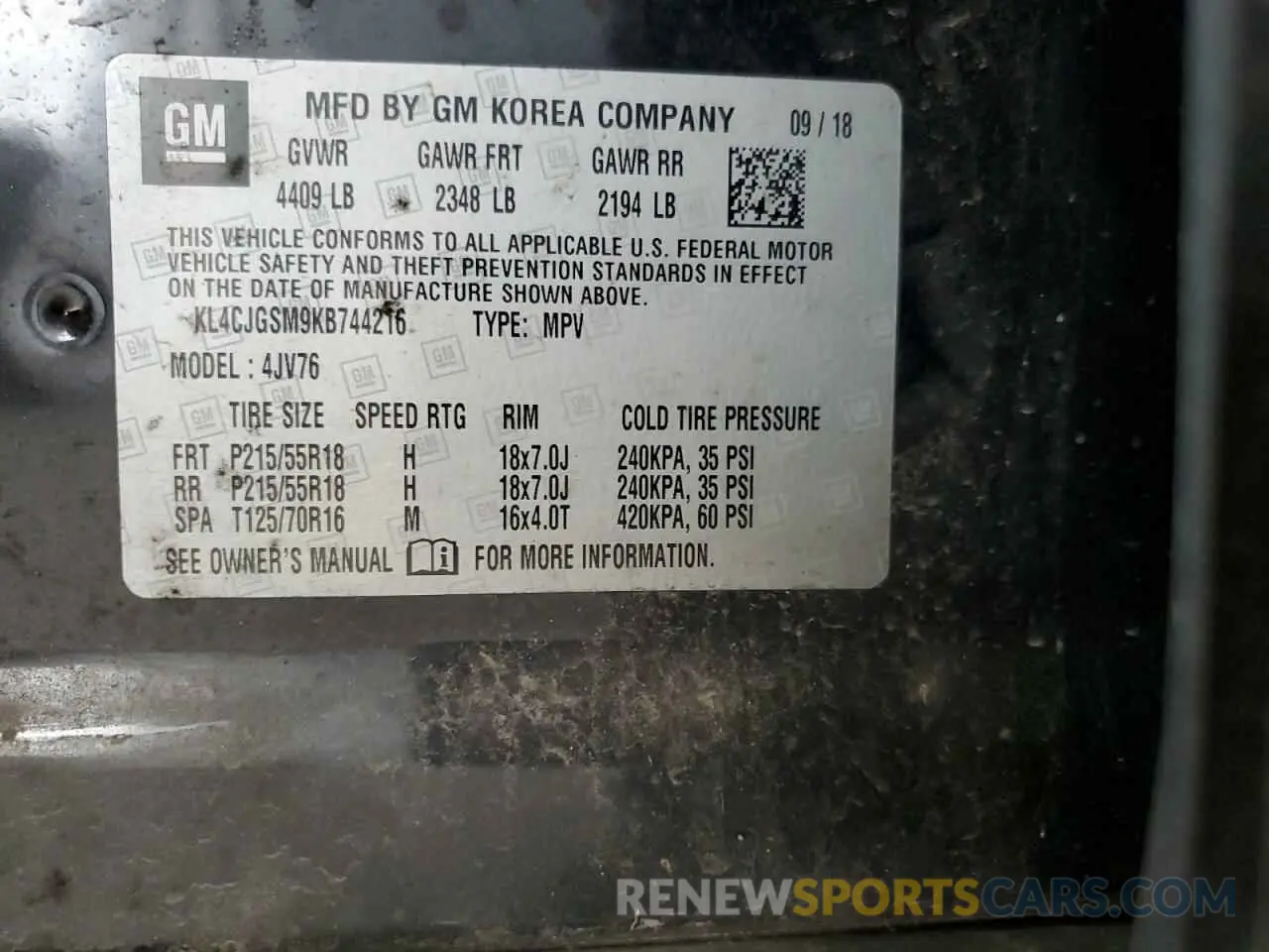 12 fotografías del automóvil dañado KL4CJGSM9KB744216 BUICK ENCORE 2019