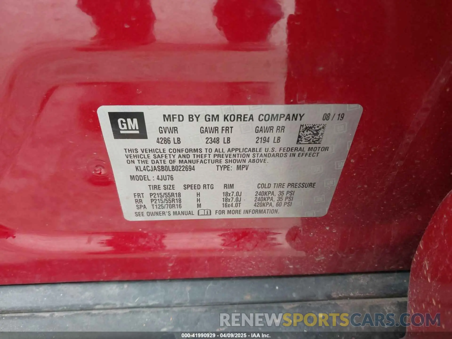 9 fotografías del automóvil dañado KL4CJASB0LB022694 BUICK ENCORE 2020