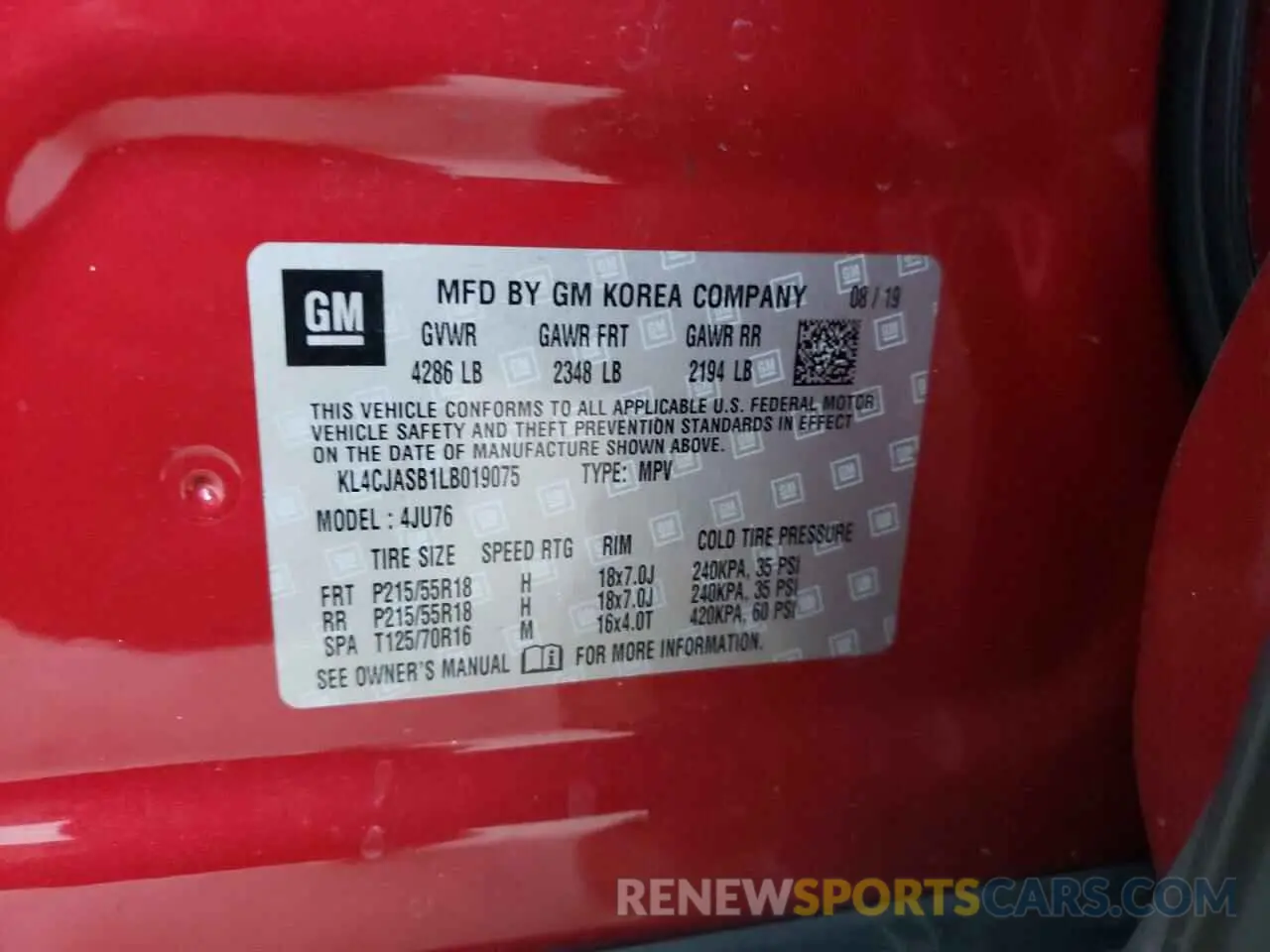 12 fotografías del automóvil dañado KL4CJASB1LB019075 BUICK ENCORE 2020