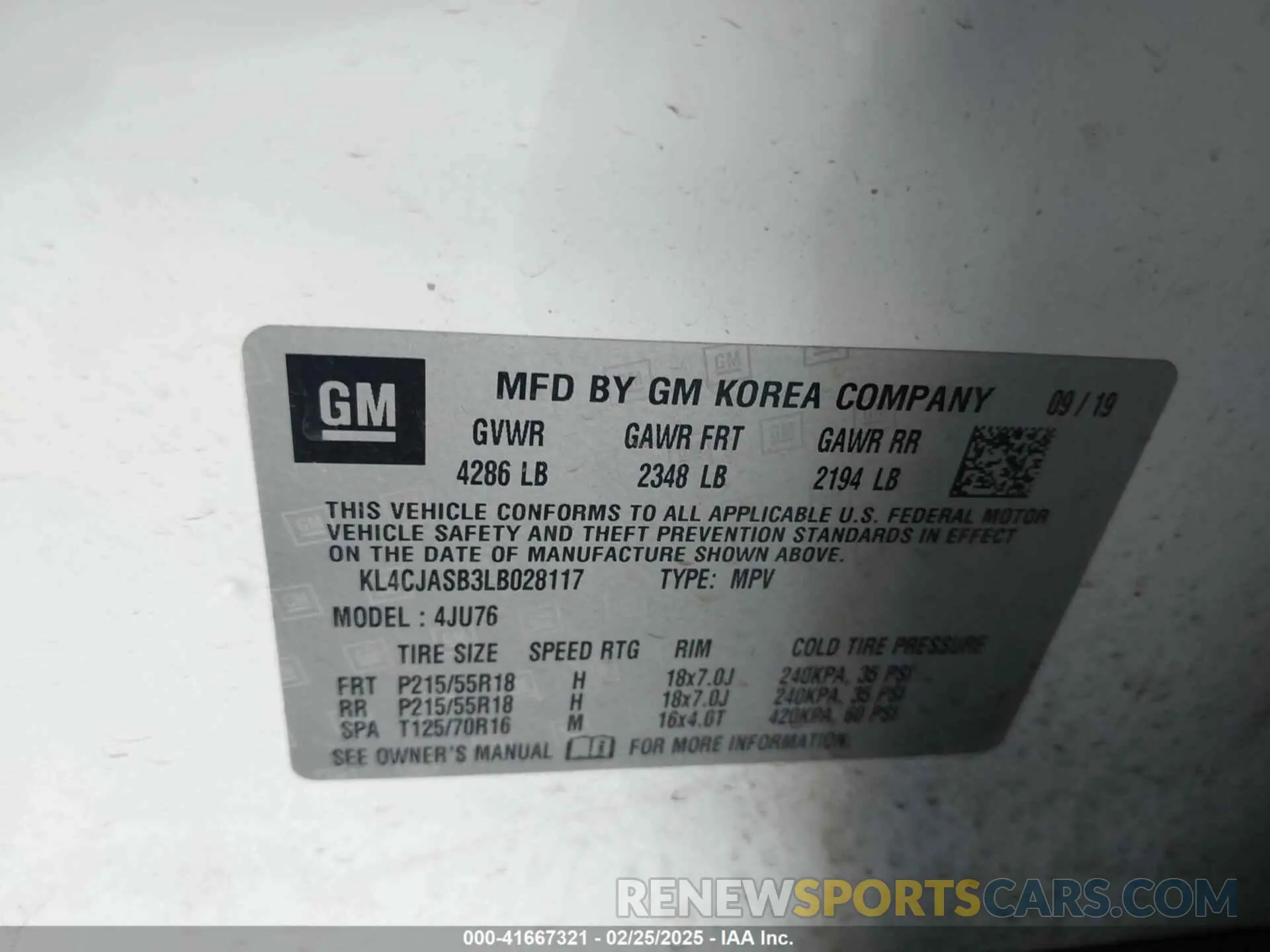 9 fotografías del automóvil dañado KL4CJASB3LB028117 BUICK ENCORE 2020