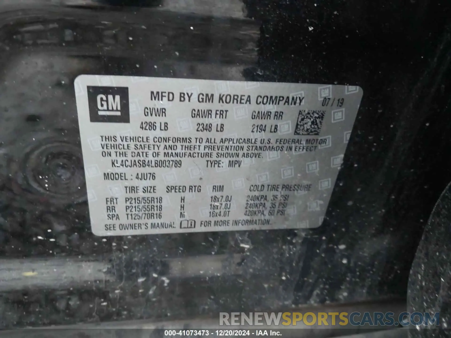 9 fotografías del automóvil dañado KL4CJASB4LB003789 BUICK ENCORE 2020