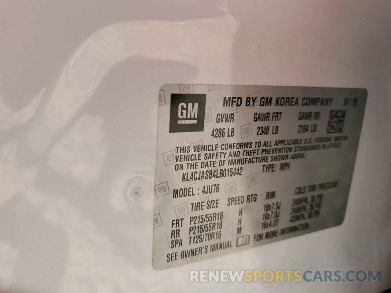 12 fotografías del automóvil dañado KL4CJASB4LB015442 BUICK ENCORE 2020