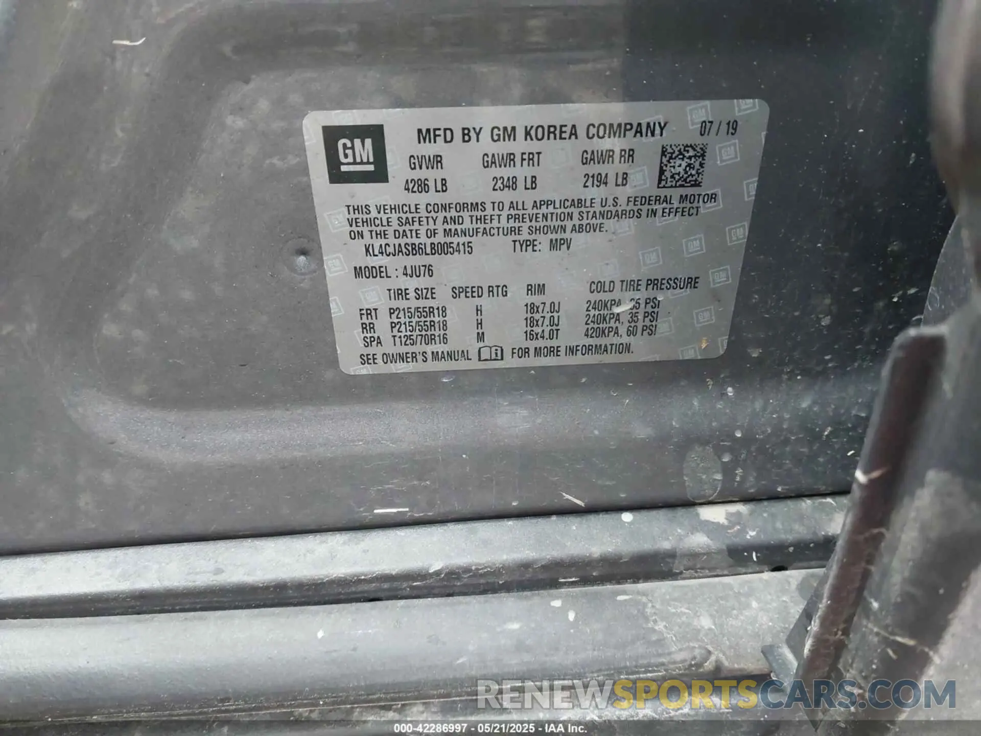 9 fotografías del automóvil dañado KL4CJASB6LB005415 BUICK ENCORE 2020