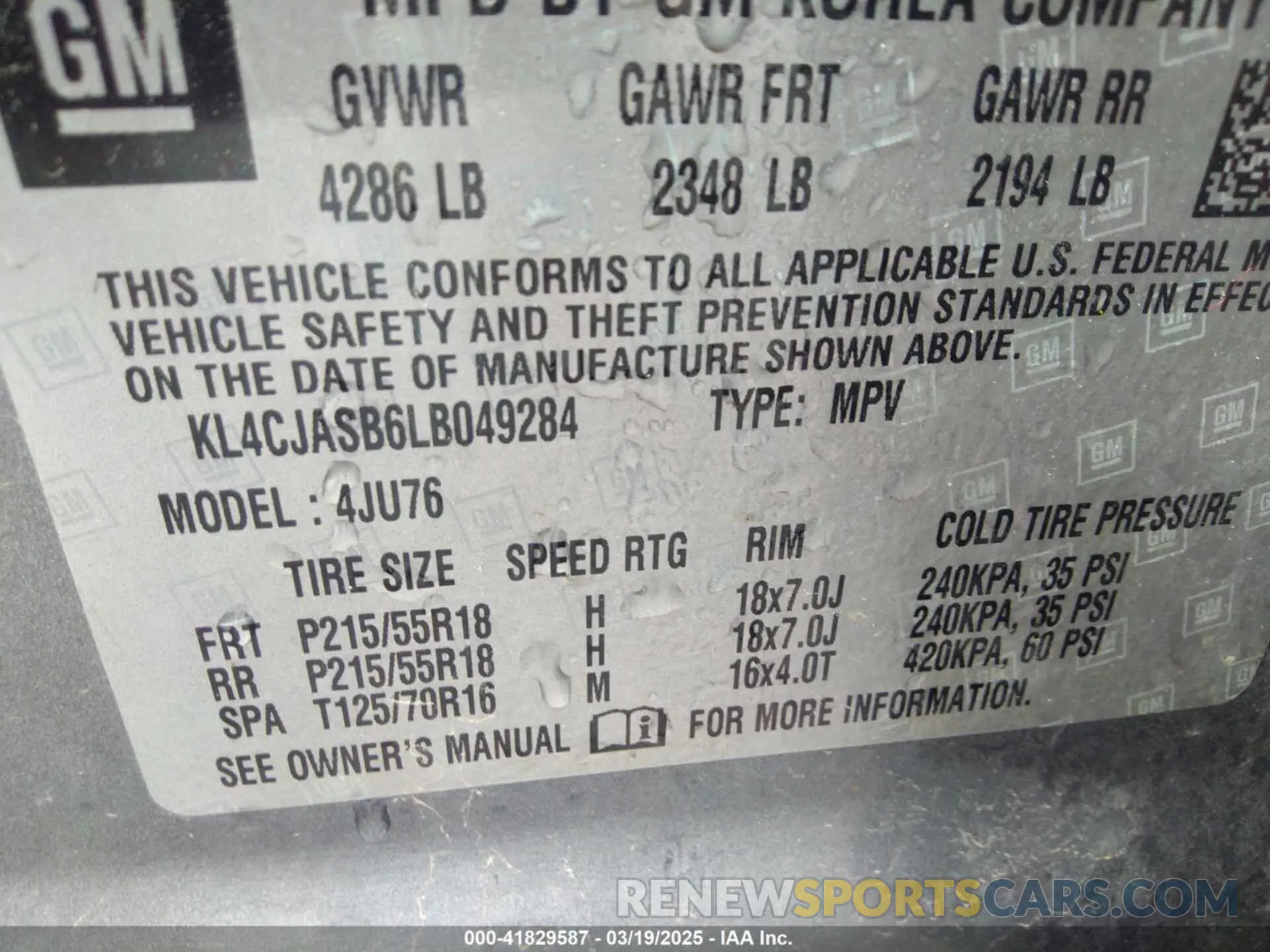 9 fotografías del automóvil dañado KL4CJASB6LB049284 BUICK ENCORE 2020