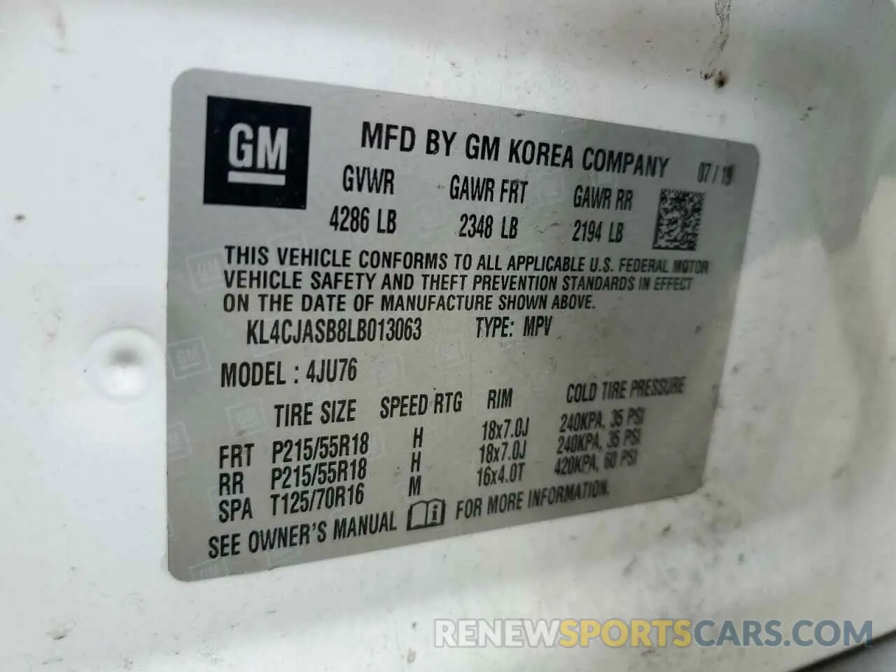 12 fotografías del automóvil dañado KL4CJASB8LB013063 BUICK ENCORE 2020
