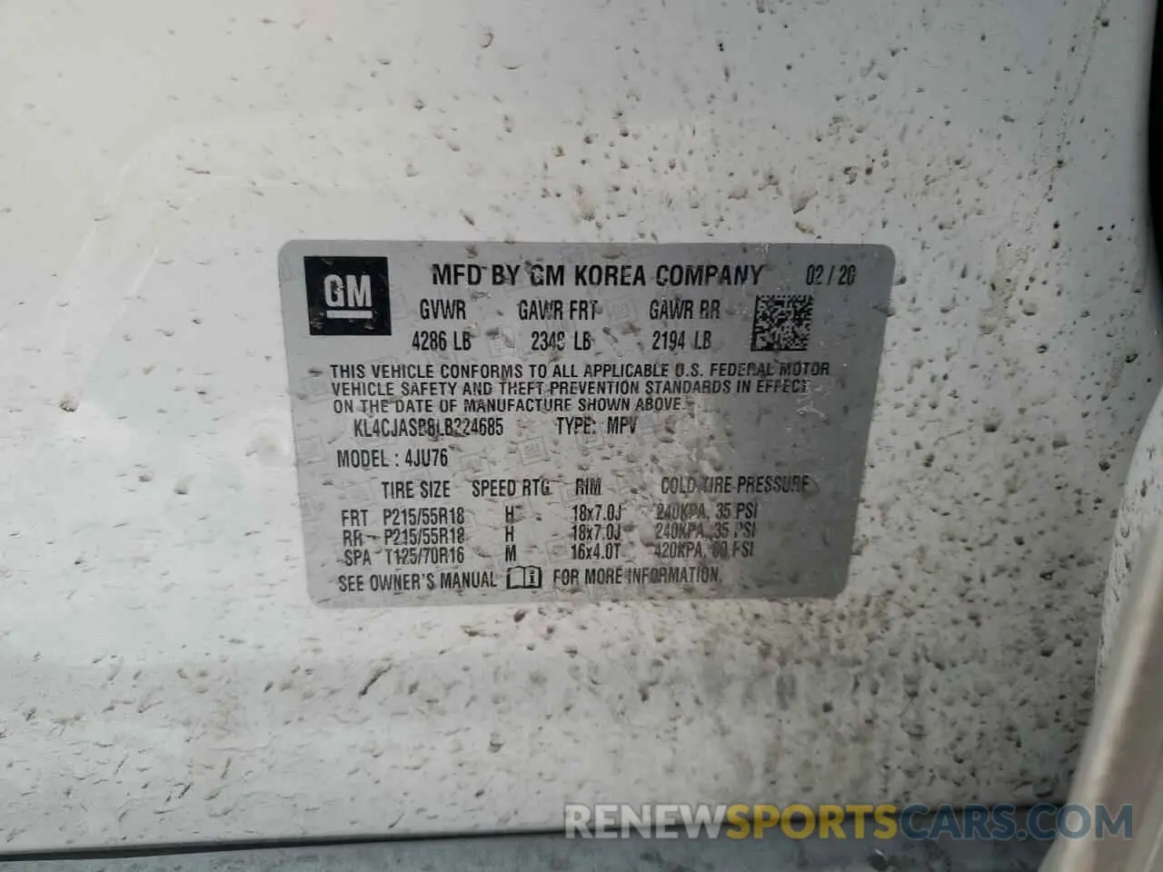 13 fotografías del automóvil dañado KL4CJASB8LB324685 BUICK ENCORE 2020