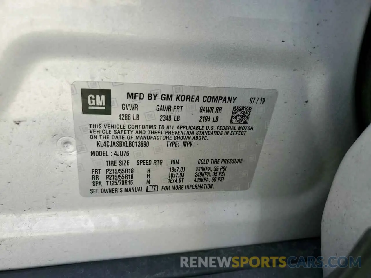 12 fotografías del automóvil dañado KL4CJASBXLB013890 BUICK ENCORE 2020