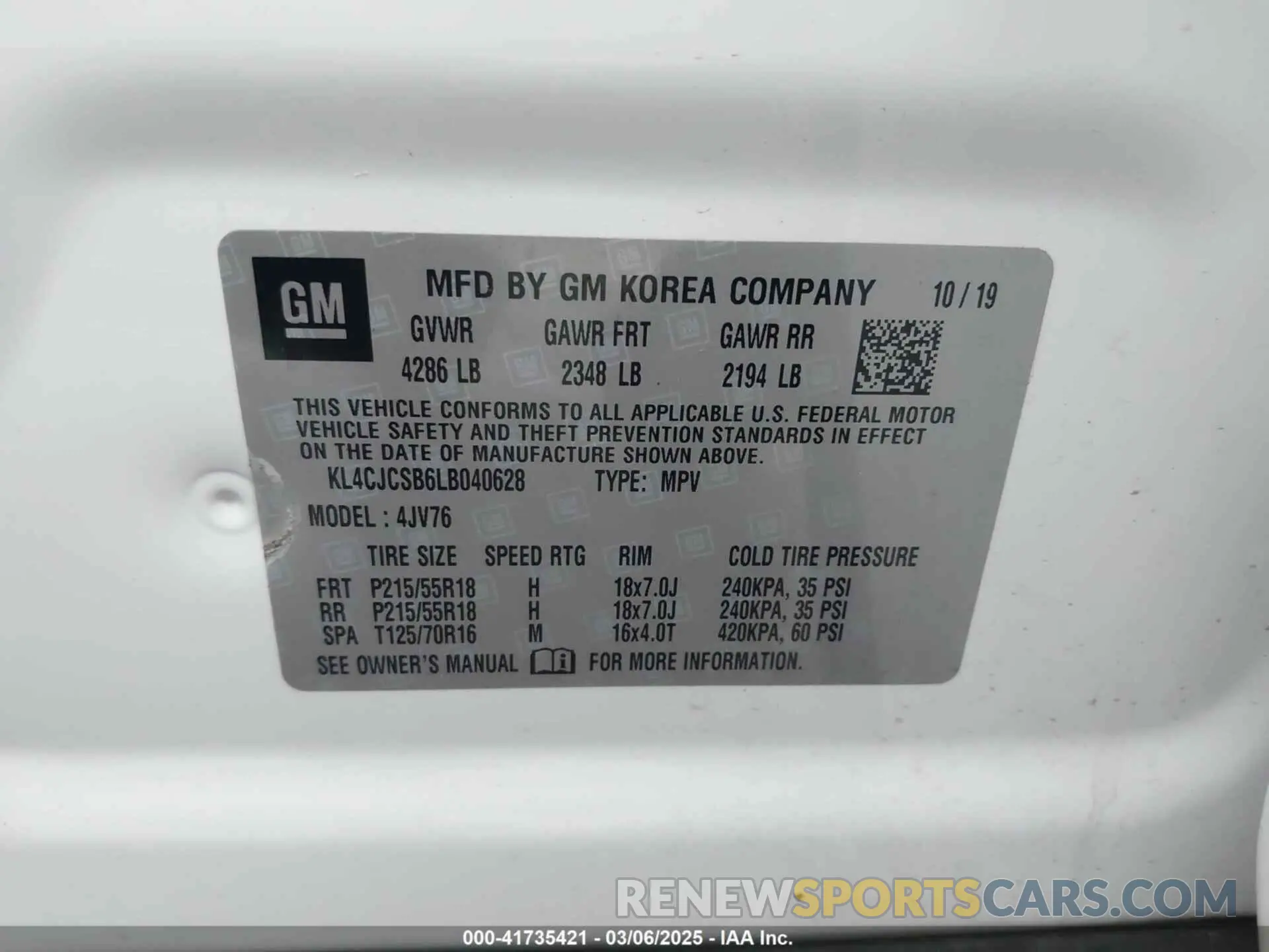 9 fotografías del automóvil dañado KL4CJCSB6LB040628 BUICK ENCORE 2020