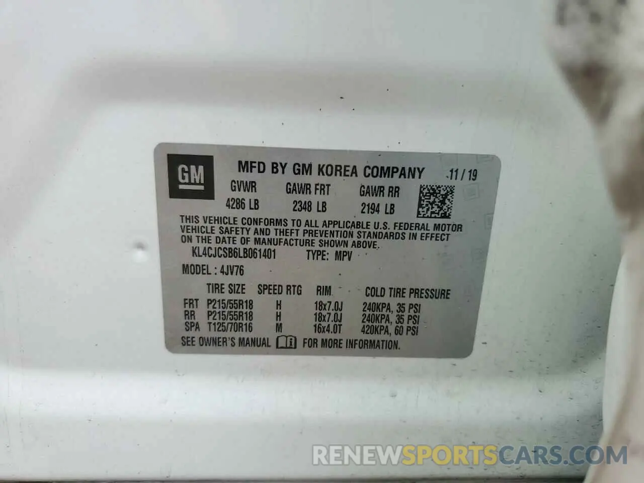12 fotografías del automóvil dañado KL4CJCSB6LB061401 BUICK ENCORE 2020