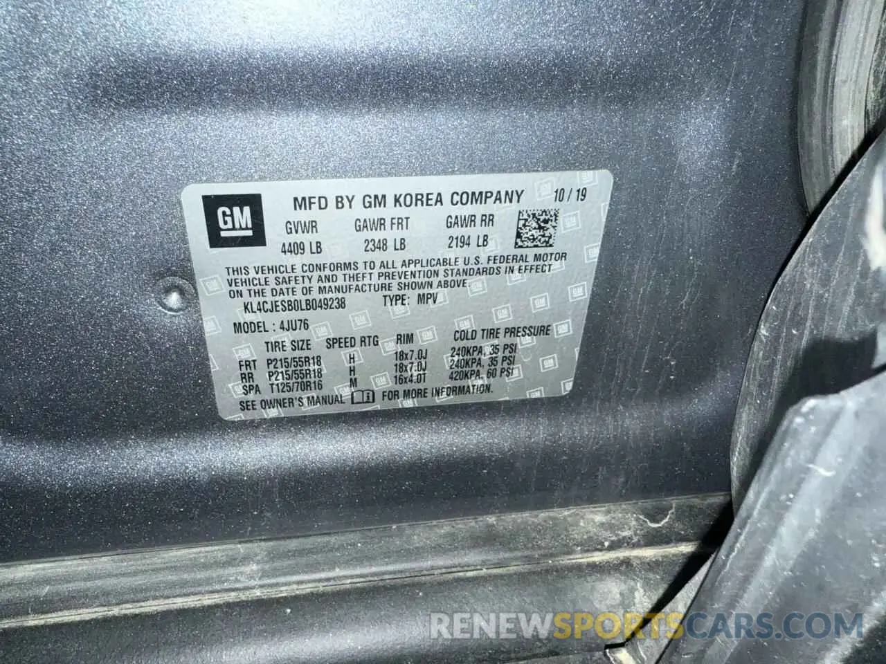 10 fotografías del automóvil dañado KL4CJESB0LB049238 BUICK ENCORE 2020