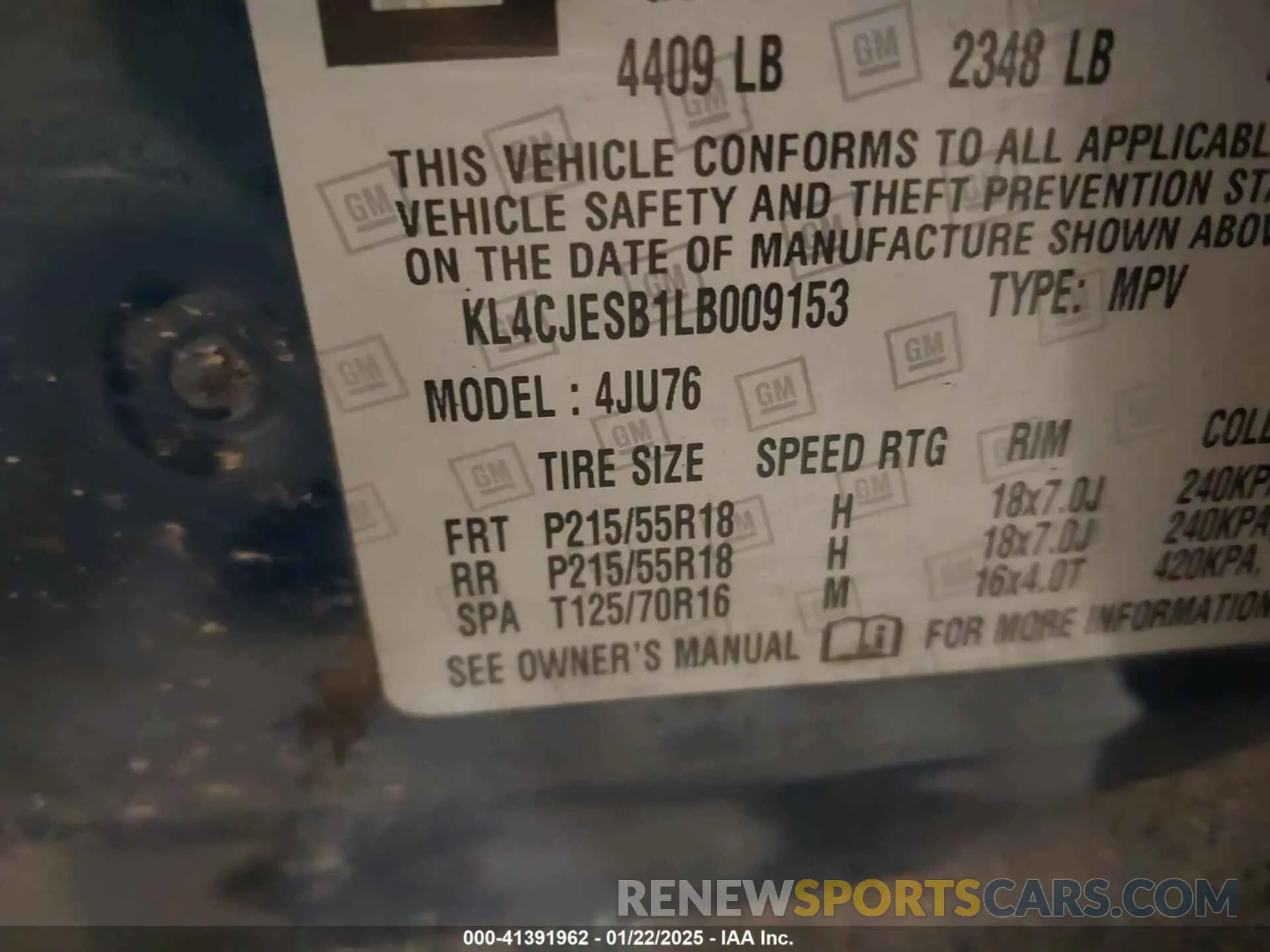 9 fotografías del automóvil dañado KL4CJESB1LB009153 BUICK ENCORE 2020