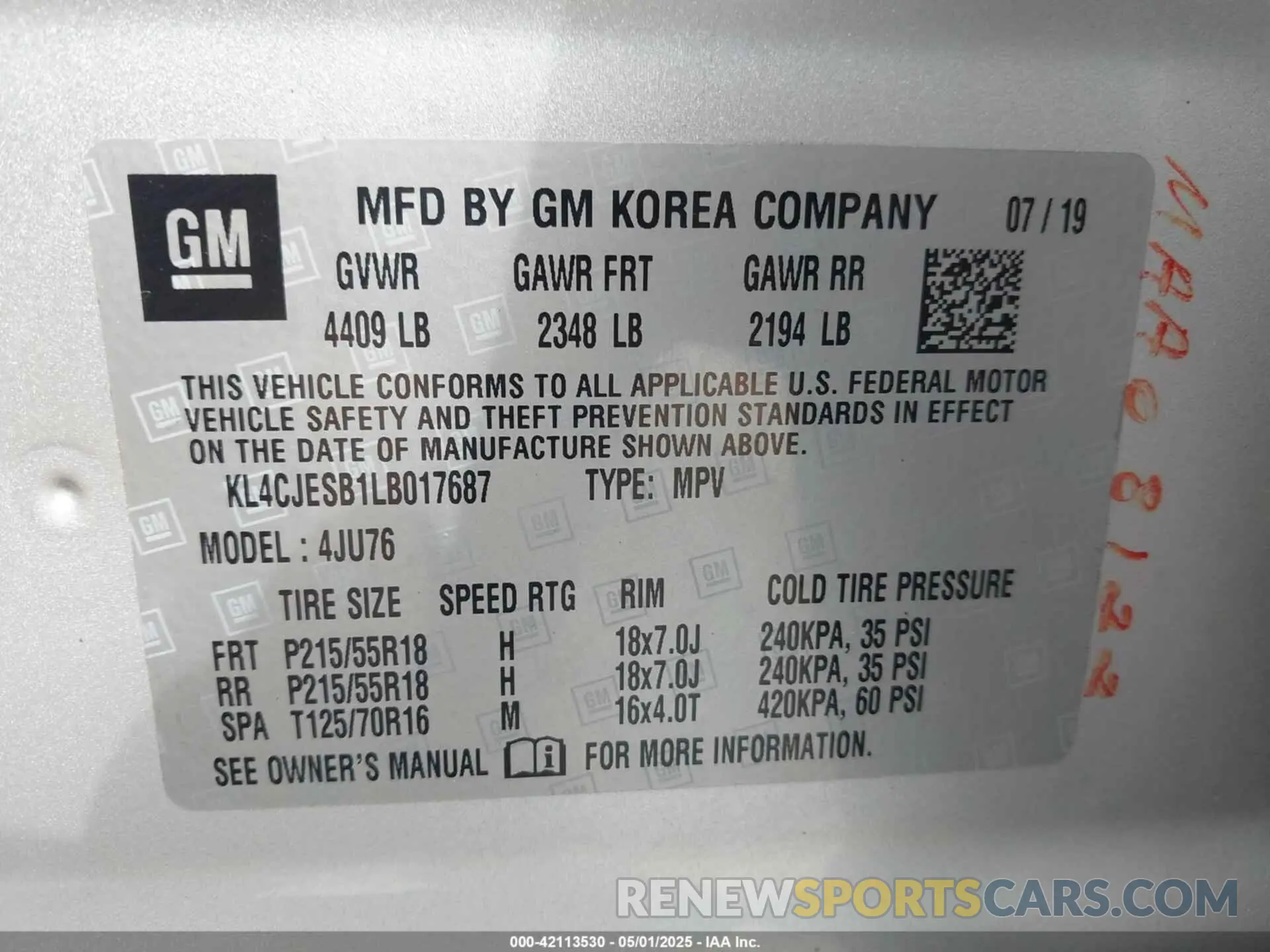 9 fotografías del automóvil dañado KL4CJESB1LB017687 BUICK ENCORE 2020