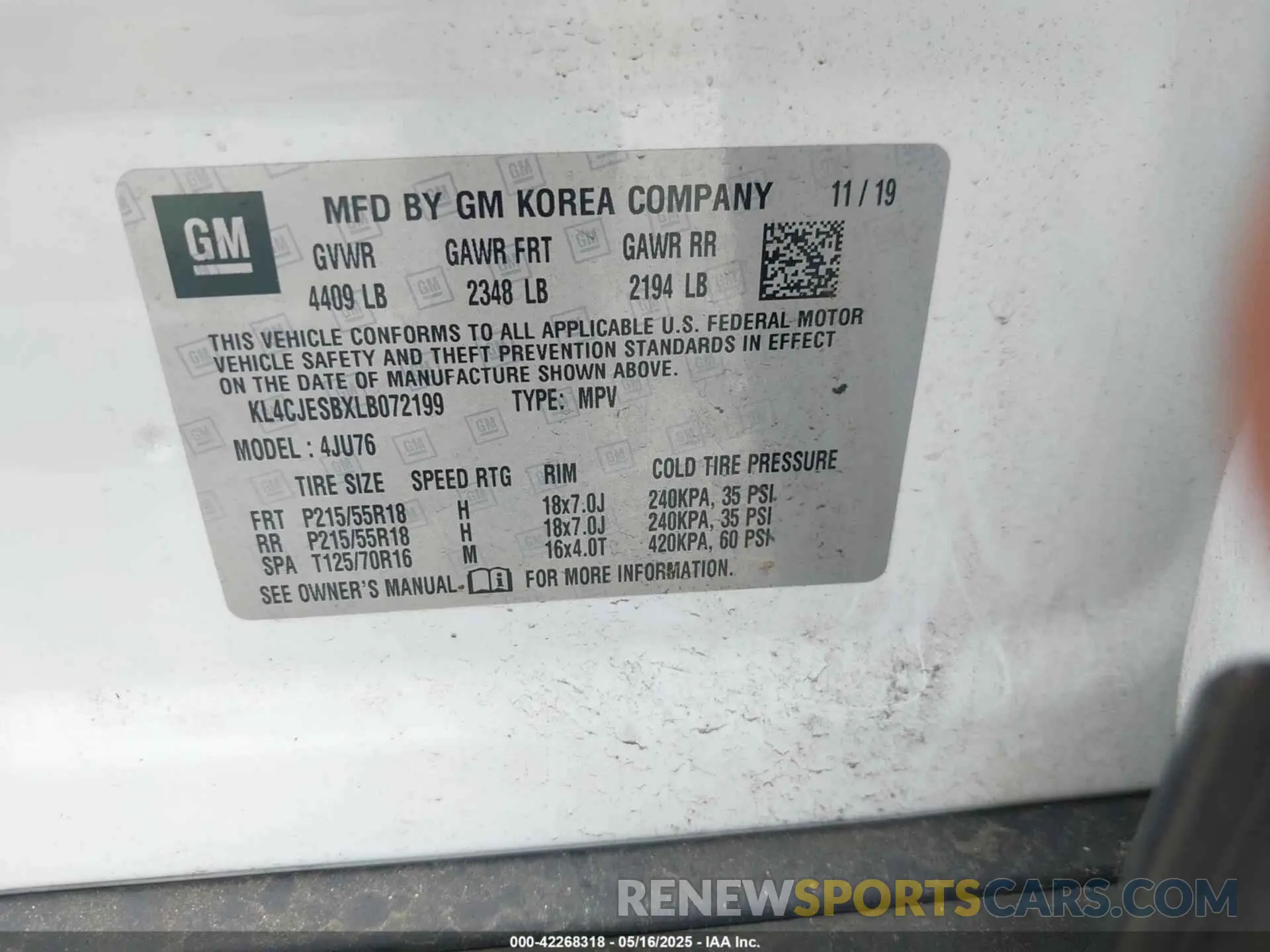 9 fotografías del automóvil dañado KL4CJESBXLB072199 BUICK ENCORE 2020