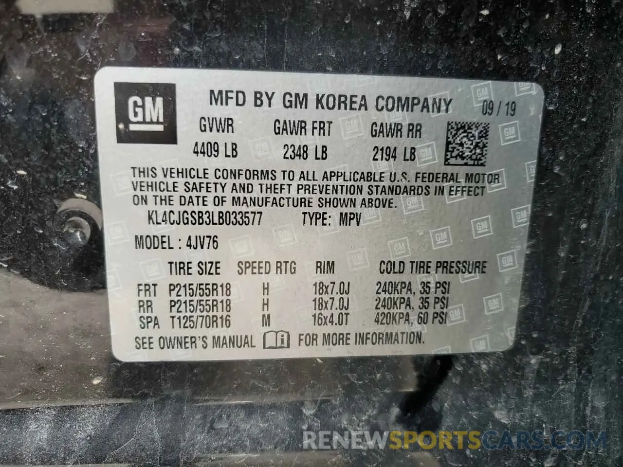 13 fotografías del automóvil dañado KL4CJGSB3LB033577 BUICK ENCORE 2020