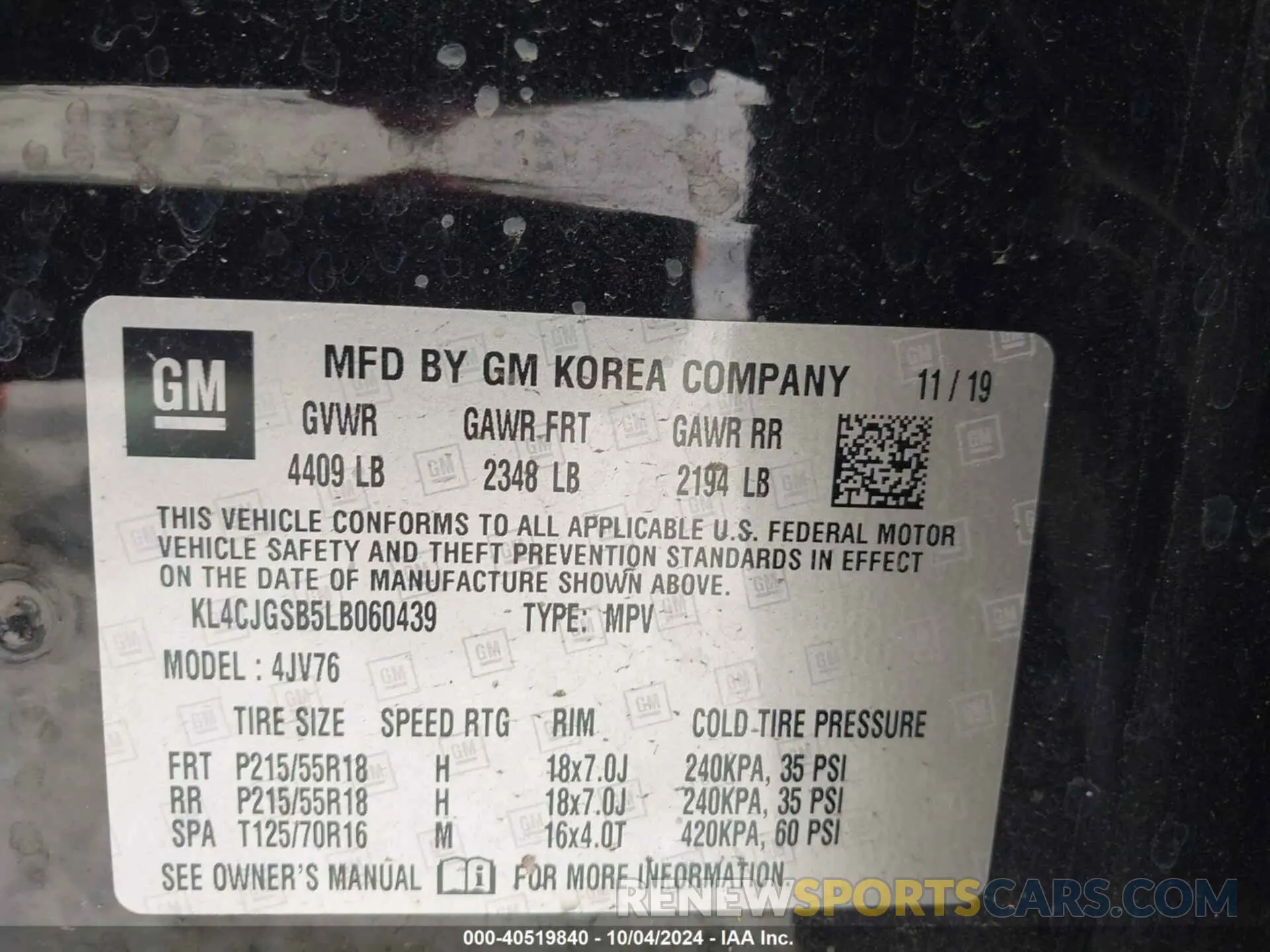 9 fotografías del automóvil dañado KL4CJGSB5LB060439 BUICK ENCORE 2020