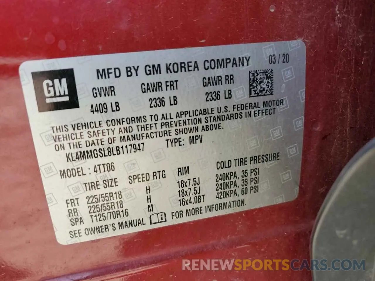 14 fotografías del automóvil dañado KL4MMGSL8LB117947 BUICK ENCORE 2020