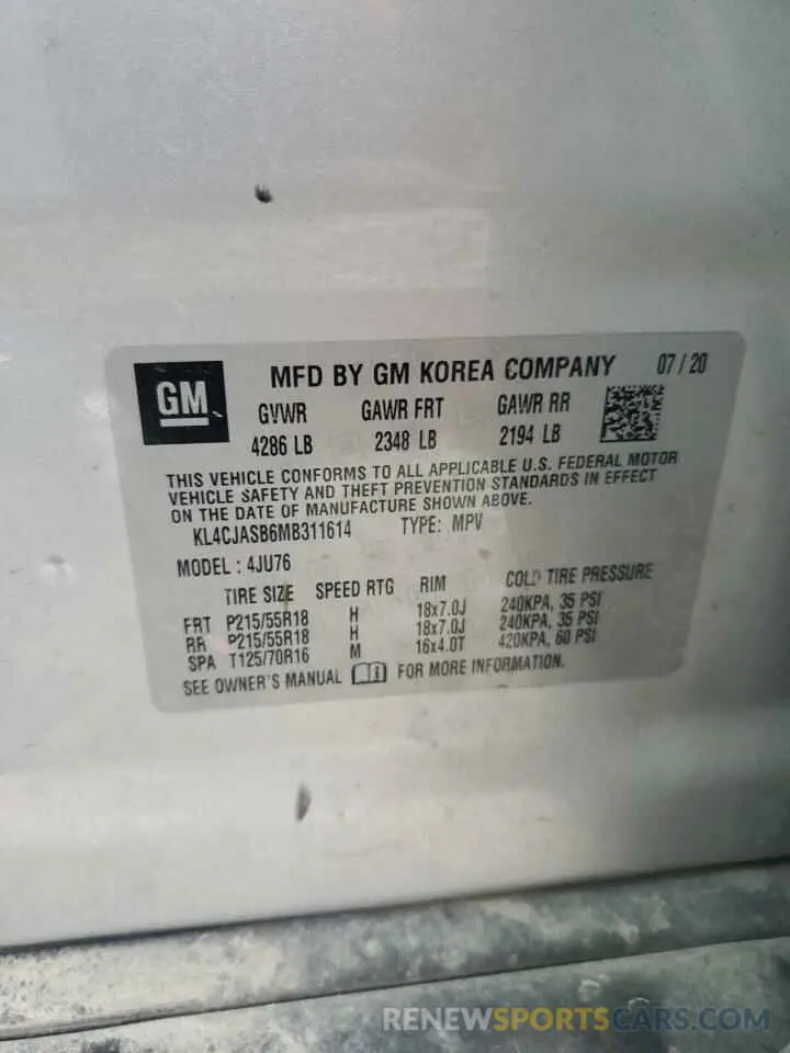 12 fotografías del automóvil dañado KL4CJASB6MB311614 BUICK ENCORE 2021