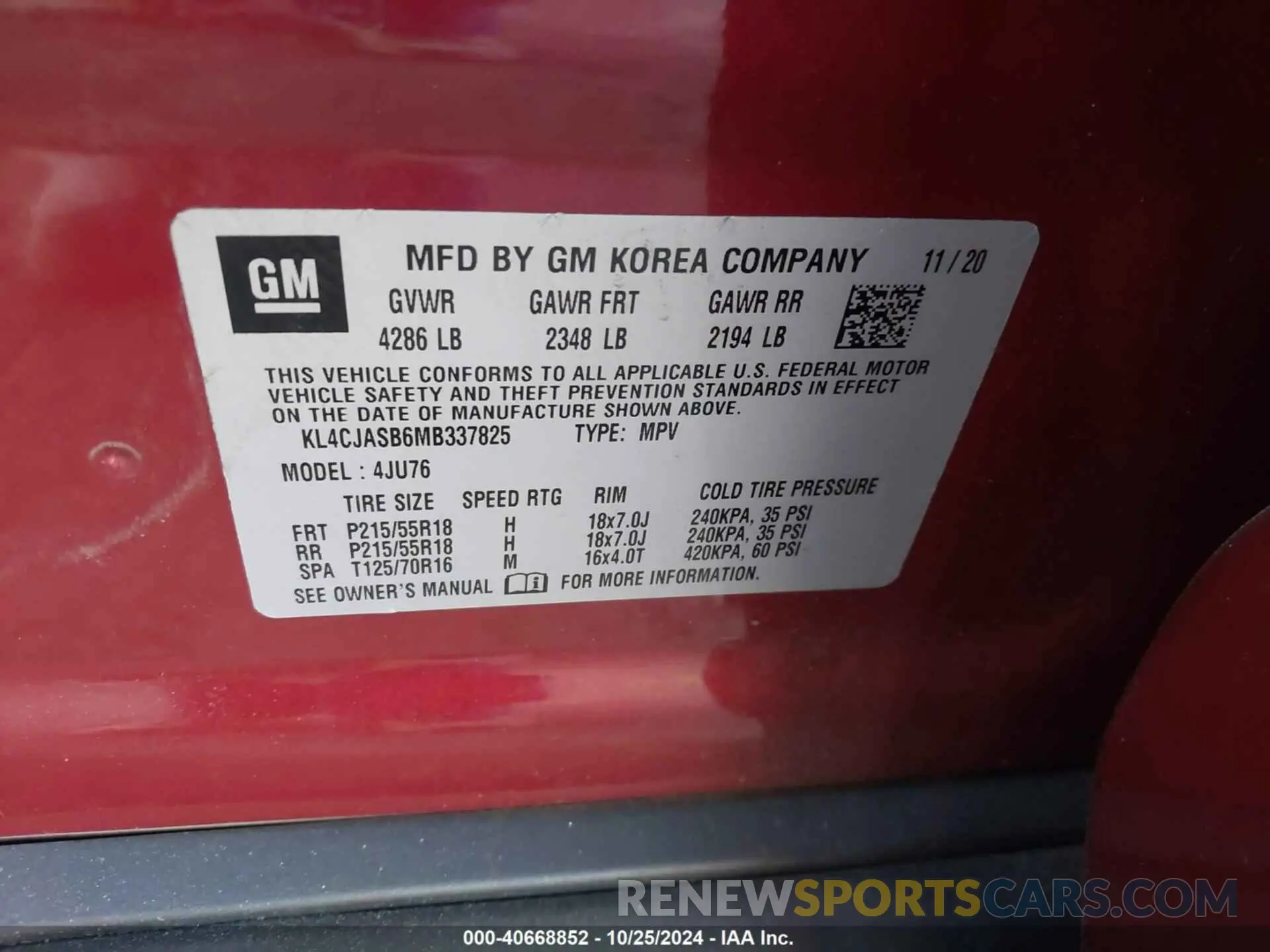 9 fotografías del automóvil dañado KL4CJASB6MB337825 BUICK ENCORE 2021