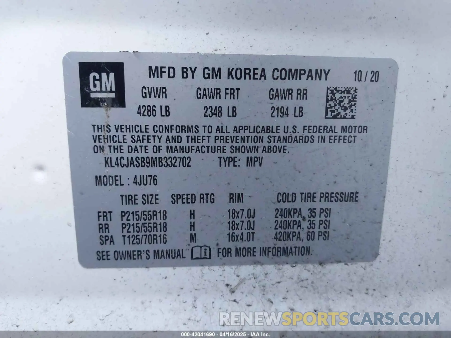 9 fotografías del automóvil dañado KL4CJASB9MB332702 BUICK ENCORE 2021