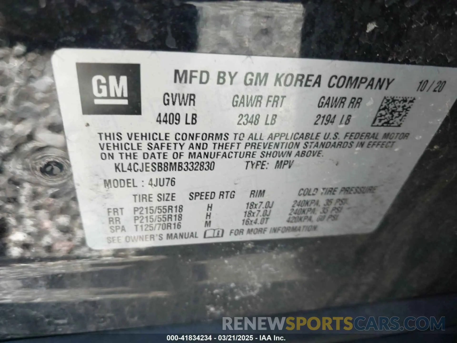 9 fotografías del automóvil dañado KL4CJESB8MB332830 BUICK ENCORE 2021