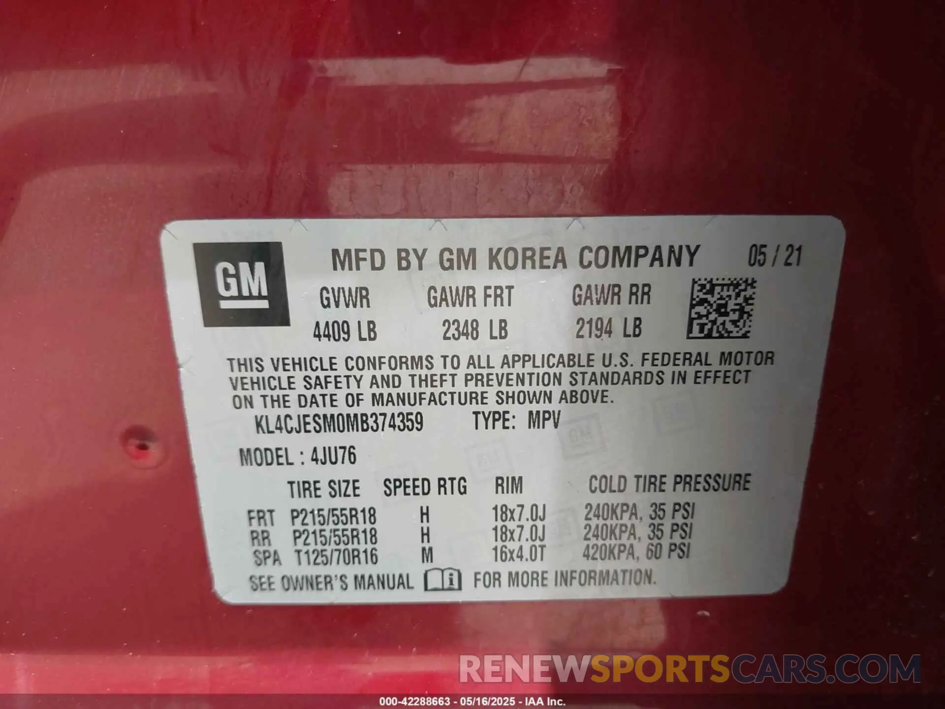 9 fotografías del automóvil dañado KL4CJESM0MB374359 BUICK ENCORE 2021