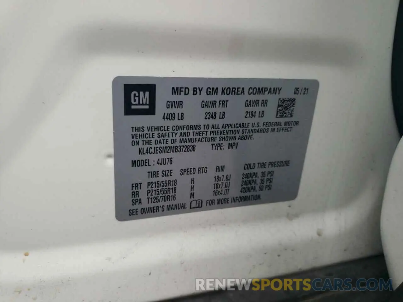 12 fotografías del automóvil dañado KL4CJESM2MB372838 BUICK ENCORE 2021